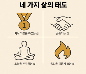 네 가지 욕망에 대한 태도 – 비교, 순응, 초월, 이로운 사용을 시각화