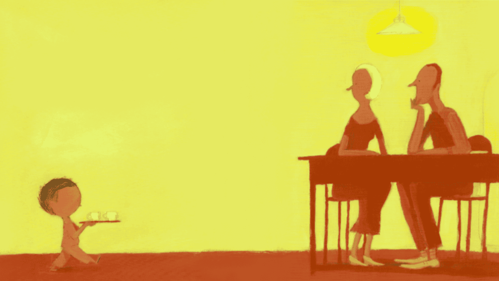 노란 배경의 따뜻한 기다림 – 아버지의 동행과 인내