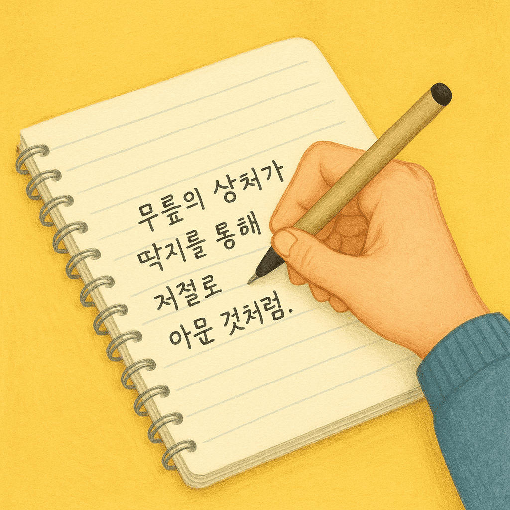 공책에 문장을 필사하는 손의 모습