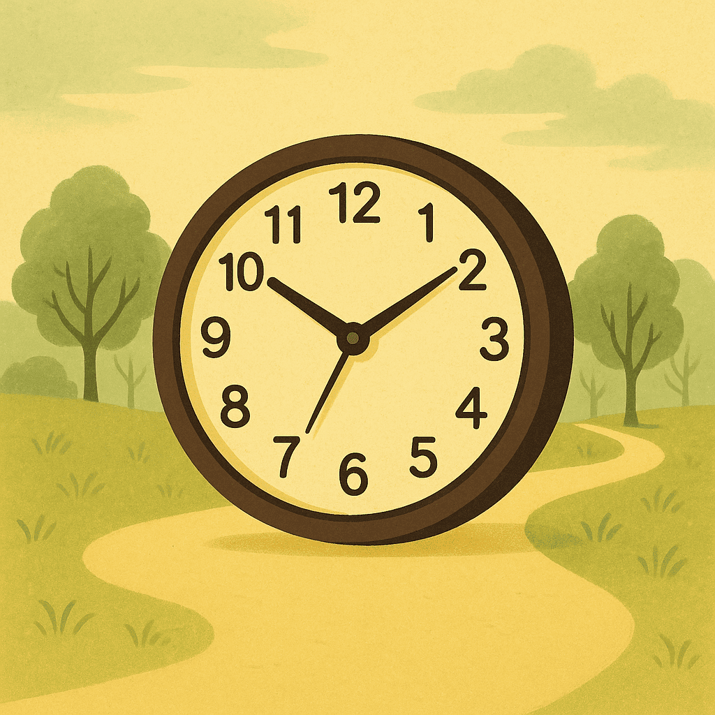 연한 초록 가로수와 연노랑 오솔길 위, 천천히 흐르는 시계